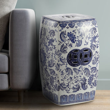 Floral Vine 18.5" Chinoiserie Ceramice Square Garden Stool - JONATHAN Y